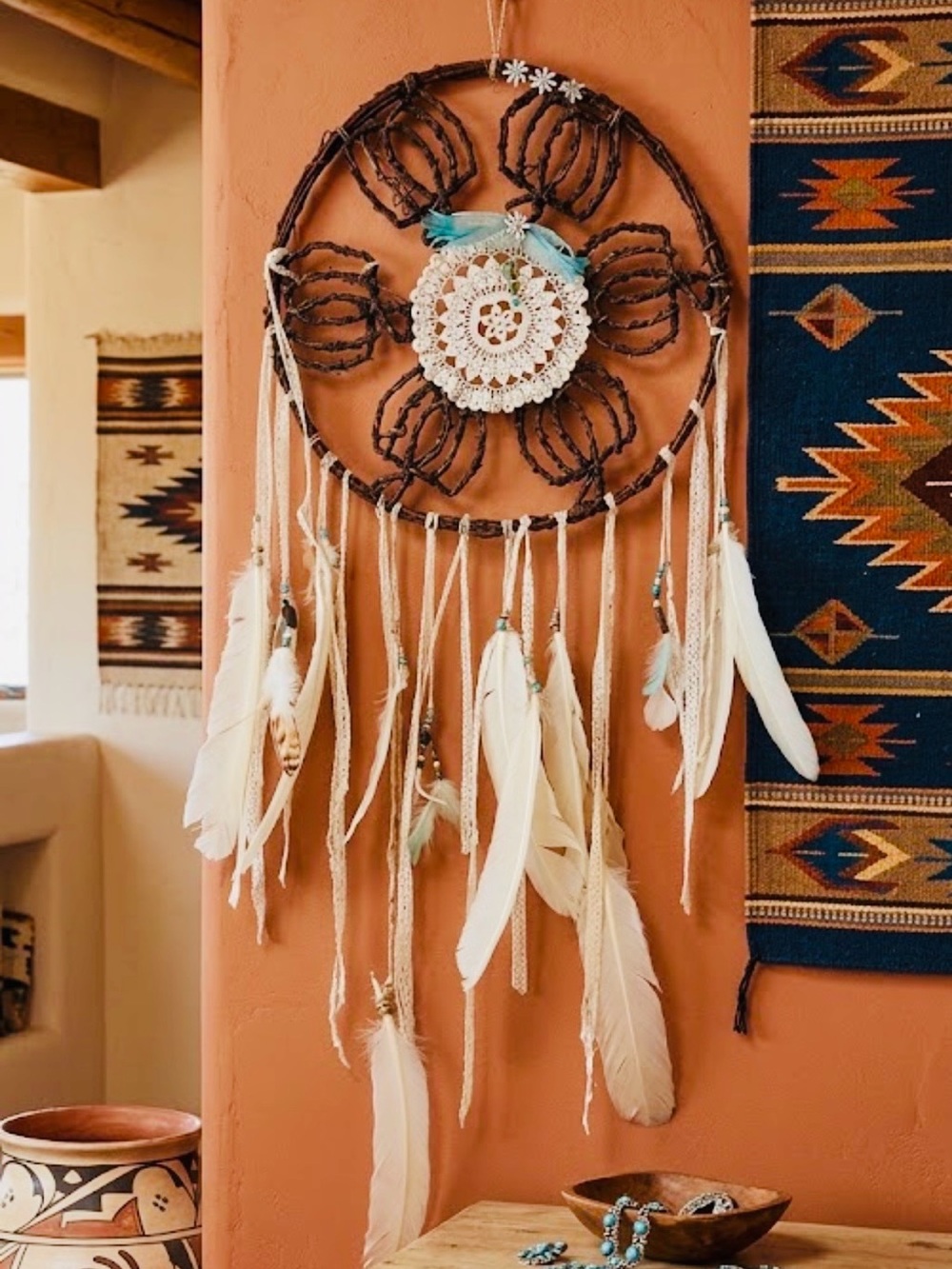 Bohemian style-vintage Dream Catcher-Wall Decor Feathers- Lace-jewels-handmade